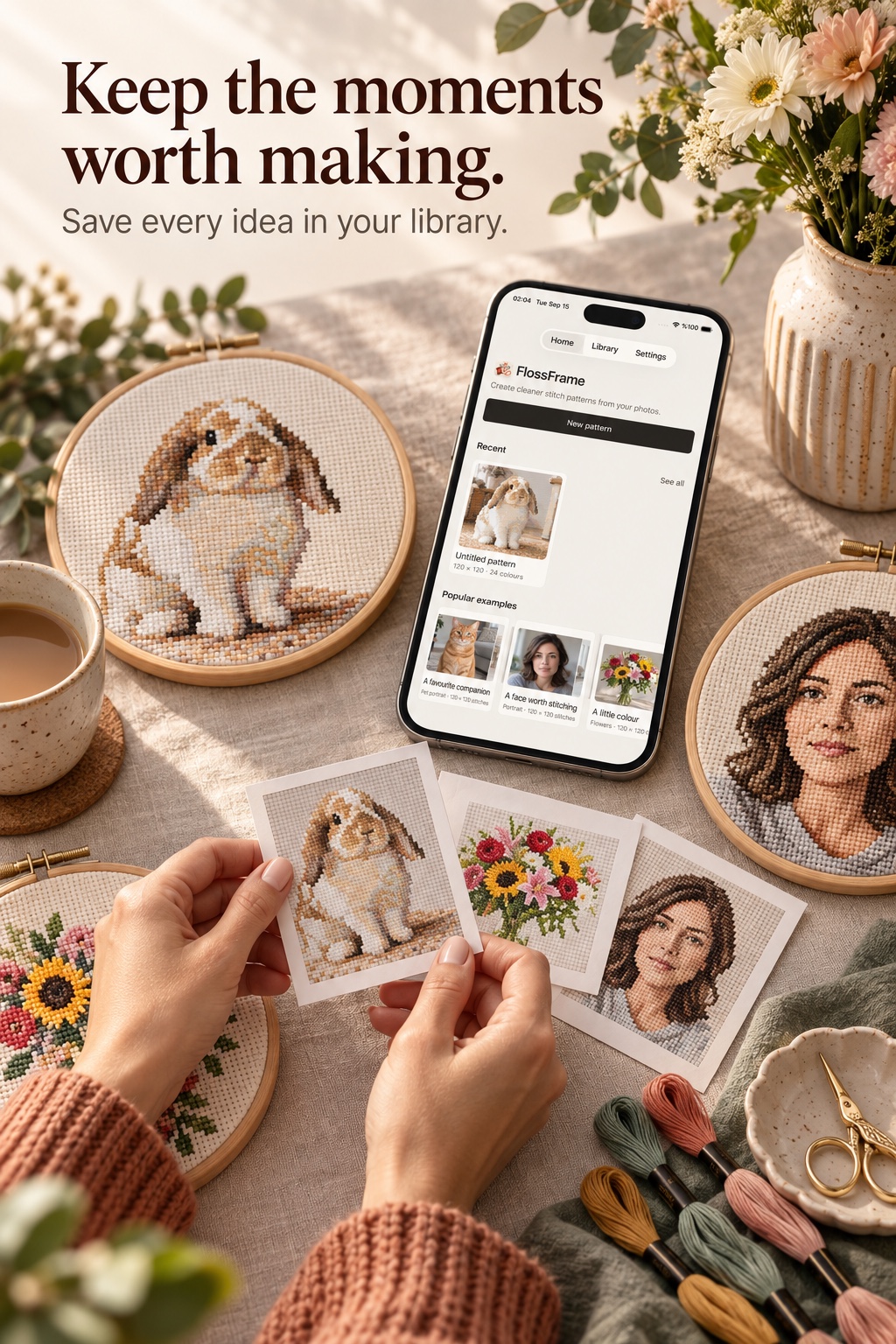 FlossFrame library with finished stitch projects and a phone preview