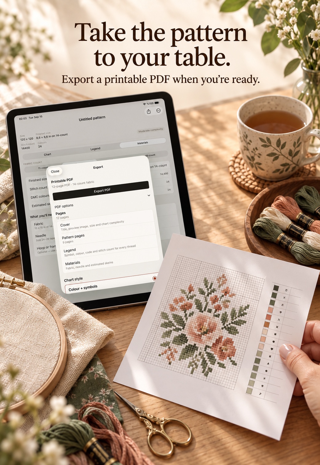 A printed FlossFrame pattern beside an iPad and embroidery supplies