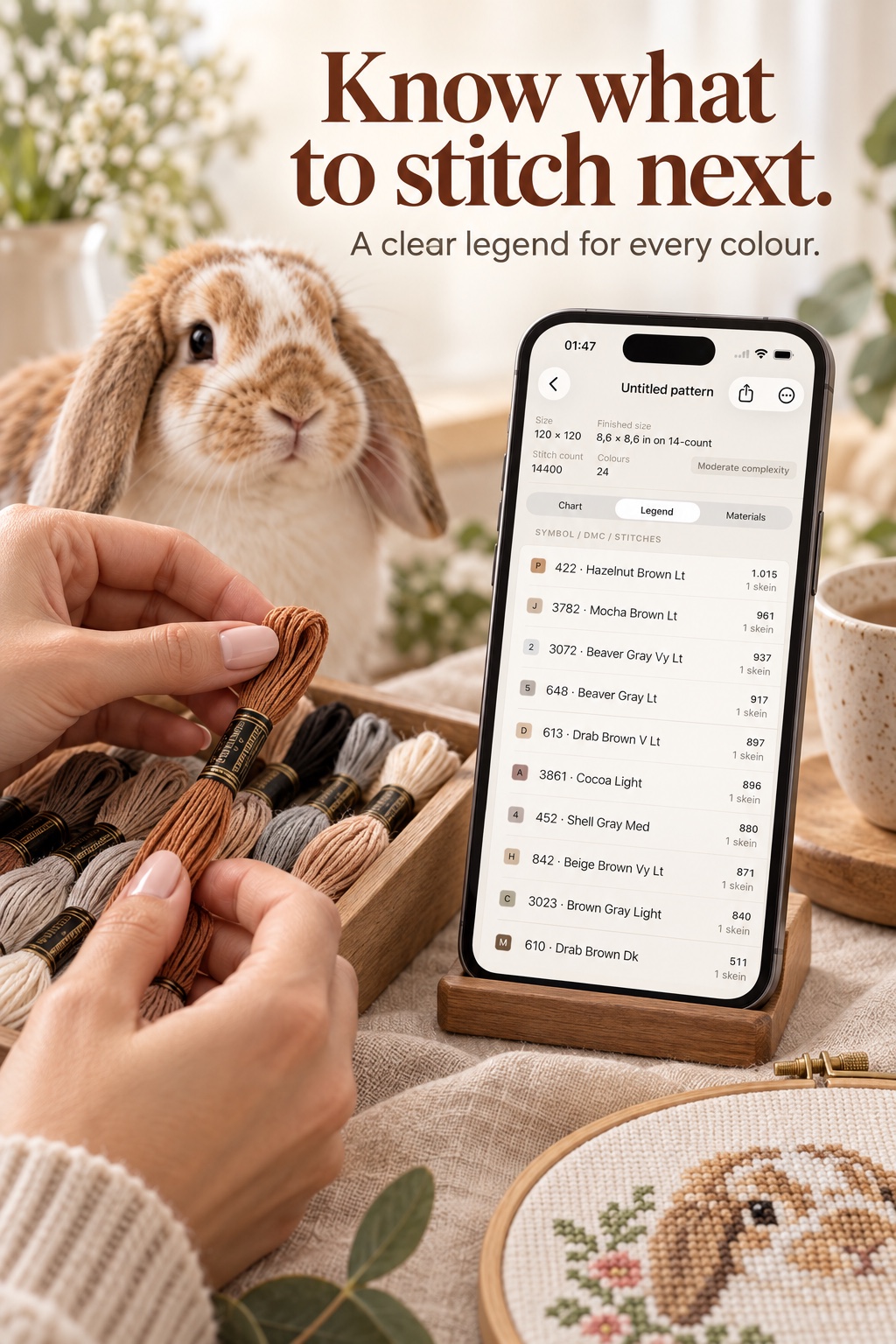 A FlossFrame legend showing thread colors and stitch counts